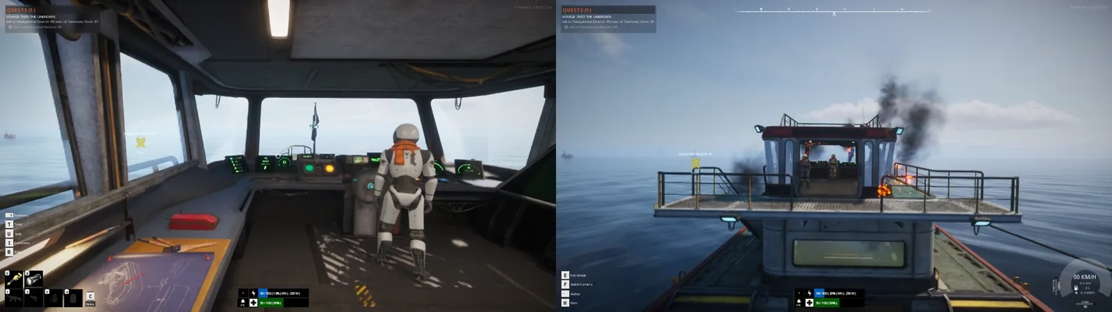 Two gameplay views: a caretaker at the helm and the ship from outside